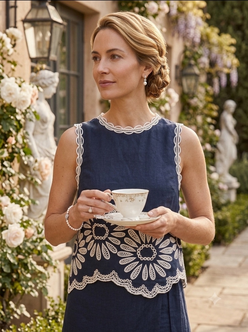 New Elie Tahari Linen Blend Sleeveless Loose   Top with embroidery
